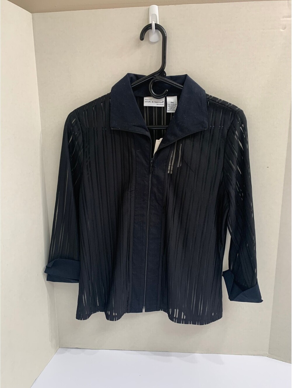 NWT Croft and Barrow Petite Black Sheer Stripe Zip Up Top Blouse Size PM